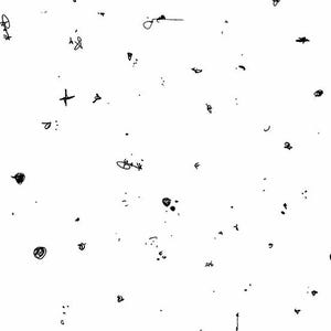 Könnte beinhalten: Ein weißer Hintergrund mit einem verstreuten Muster aus kleinen, schwarzen, handgezeichneten Formen. Die Formen umfassen Punkte, Kritzeleien, Kreuze und andere abstrakte Zeichen, die ein strukturiertes, künstlerisches Design bilden.
