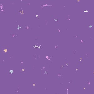 Könnte beinhalten: Ein violetter Hintergrund mit verstreuten, farbenfrohen Kritzeleien und kleinen Formen. Das Design umfasst verschiedene Pastellfarben wie Rosa, Gelb und Blau, wodurch ein verspieltes und skurriles Muster entsteht. Der Gesamteffekt erinnert an eine Kinderzeichnung.