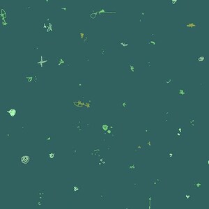 Könnte beinhalten: Türkisfarbener Hintergrund mit verstreuten, handgezeichneten Kritzeleien in Grün- und Gelbtönen. Die Kritzeleien umfassen Kritzeleien, Kreuze und andere abstrakte Formen, die ein verspieltes, künstlerisches Muster erzeugen.