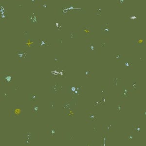 Könnte beinhalten: Olivgrüner Hintergrund mit verstreuten, farbenfrohen Kritzeleien. Die Kritzeleien sind in Gelb-, Blau- und Weißtönen gehalten und erzeugen ein verspieltes, abstraktes Muster. Das Design erinnert an eine Kinderzeichnung.