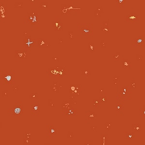 Könnte beinhalten: Abstraktes Muster auf terrakottafarbenem Hintergrund. Das Design zeigt verstreute, handgezeichnete Elemente in Weiß, Gelb und Grau. Dazu gehören kleine Kreuze, Punkte und Kritzeleien, die eine verspielte und künstlerische Ästhetik erzeugen.