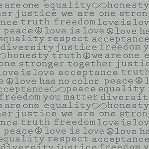 Könnte beinhalten: Ein Grafikdesign mit einem sich wiederholenden Muster aus Text und Symbolen. Der Text enthält Wörter wie "Gleichheit", "Ehrlichkeit", "Gerechtigkeit", "Freiheit", "Liebe", "Frieden", "Akzeptanz" und "Vielfalt". Die Symbole umfassen das Unendlichkeitszeichen und das Friedenszeichen.