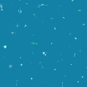 Könnte beinhalten: Ein türkisfarbener Hintergrund mit verstreuten, handgezeichneten Kritzeleien in Weiß, Grün und Grau. Die Kritzeleien umfassen Kritzeleien, Punkte und kleine Formen, wodurch ein verspieltes und abstraktes Muster entsteht. Das Gesamtdesign ist einfach und skurril.