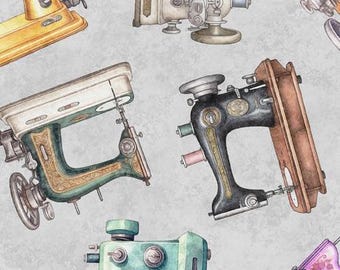 Patchwork fabric - QT Fabrics - In Stitches - Tossed Sewingmachines - Sewing machines - Singer - grey 0.25 m