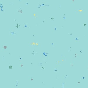 Könnte beinhalten: Ein hellblauer Hintergrund mit verstreuten, farbenfrohen Kritzeleien und kleinen Formen in Gelb, Blau, Grün und Braun. Das Design hat eine spielerische, handgezeichnete Ästhetik, die an ein Kinderkunstwerk erinnert.