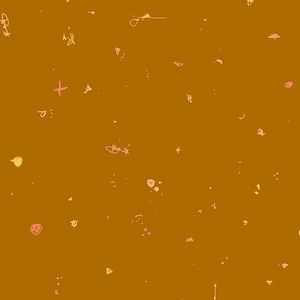 Könnte beinhalten: Ein brauner Hintergrund mit einem verstreuten Muster aus gelben und rosafarbenen abstrakten Formen.