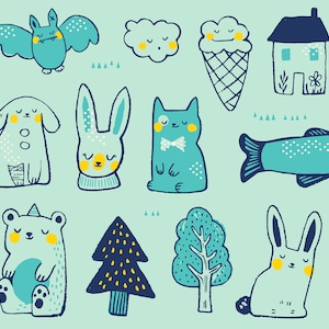 Könnte beinhalten: Eine Sammlung süßer, handgezeichneter Illustrationen mit Tieren, Natur und skurrilen Objekten. Die Illustrationen sind in einem blau-gelben Farbschema gehalten und vor einem hellblauen Hintergrund angeordnet.