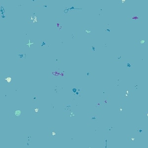 Könnte beinhalten: Ein türkisfarbener Hintergrund mit einem verstreuten Muster aus bunten Kritzeleien und Formen. Das Design umfasst kleine Kreuze, Punkte und abstrakte Linien in Lila-, Grün- und Blautönen. Der Gesamteffekt ist verspielt und künstlerisch.
