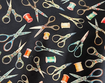 Patchwork fabric - QT Fabrics - In Stitches - Scissors Tossed - Scissors & Yarn - Singer - black 0.25 m