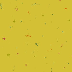 Könnte beinhalten: Senfgelber Hintergrund mit verstreuten, handgezeichneten Kritzeleien in Rot, Grün und Orange. Die Kritzeleien umfassen kleine Formen, Linien und Symbole und erzeugen ein verspieltes und abstraktes Muster.