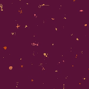 Könnte beinhalten: Abstrakte digitale Kunst mit einem tief burgunderfarbenen Hintergrund, der mit kleinen, freihändig gezeichneten Formen und Punkten in Orange- und Rosatönen übersät ist. Das Design hat einen spielerischen, skurrilen Charakter.