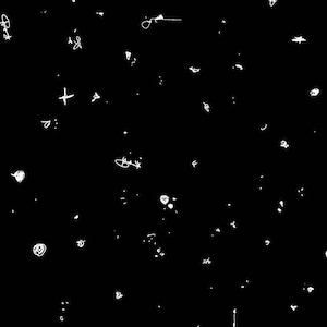 Könnte beinhalten: Ein schwarzer Hintergrund mit verstreuten weißen Kritzeleien, Punkten und Symbolen. Das Bild hat eine kontrastreiche, künstlerische Ästhetik, wobei die weißen Elemente vor dem dunklen Hintergrund hervorstechen. Das Design ist abstrakt und könnte für verschiedene kreative Projekte verwendet werden.