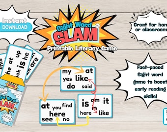 Sight Word Slam Game: Spot It Style Reading, Kinder Literacy (PDF Printable Card Game)