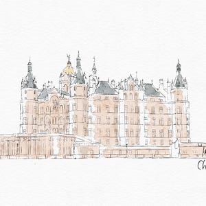 Schloss Schwerin – Digitale Aquarellillustration für Hochzeitseinladungen und Deko | Clipart für Canva und Papeterie