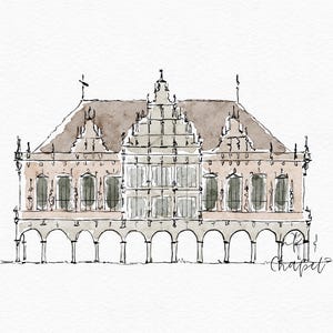 Aquarel van het oude stadhuis van Bremen - Digitale huwelijksuitnodiging, illustratie van het gemeentehuis, aanpasbaar briefpapier downloaden