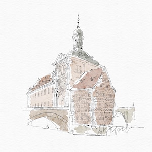 Aquarell Rathaus Bamberg – Digitale Hochzeitslocation-Illustration für Einladungskarten, Papeterie & Hochzeitsgeschenke