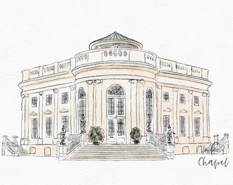 May include: Watercolour illustration of a chapel with a domed roof and symmetrical design. The building is painted in neutral tones with black outline details. The word "Chapel" is written in script at the bottom right.