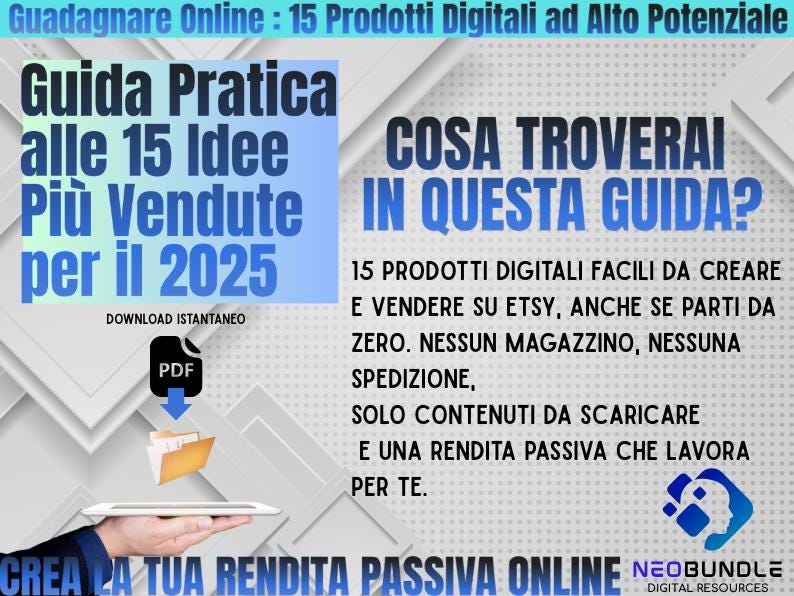 May include: A blue and white graphic with the text "Guida Pratica alle 15 Idee Pi&ugrave; Vendute per il 2025" and "COSA TROVERAI IN QUESTA GUIDA?"  The text below the graphic says "15 PRODOTTI DIGITALI FACILI DA CREARE E VENDERE SU ETSY, ANCHE SE PARTI DA ZERO. NESSUN MAGAZZINO, NESSUNA SPEDIZIONE, SOLO CONTENUTI DA SCARICARE E UNA RENDITA PASSIVA CHE LAVORA PER TE."  The graphic also includes a PDF icon and a tablet computer.