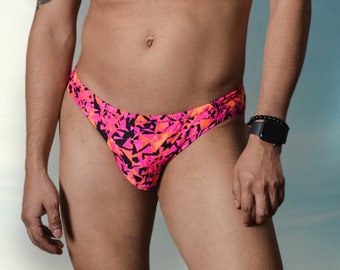 Orange, Pink and Black Geometric Print Mens Brief Swimsuit