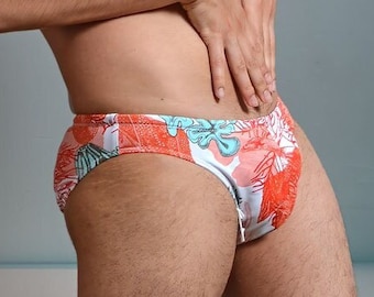 Mens Swim Brief With Orange and Turquoise Ocean Coral Print