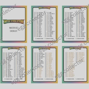 Puede incluir: Un conjunto de seis tarjetas de lista de verificación para el Master Set "Mega Evolution". Cada tarjeta presenta una lista de elementos con casillas de verificación y el logotipo "Mega Evolution". Las tarjetas tienen un borde colorido.