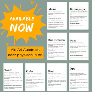 Könnte beinhalten: Ein Satz druckbarer Poster mit Definitionen von Familienmitgliedern auf Deutsch. Die Poster sind in den Größen A4 und A6 erhältlich. Die Wörter umfassen "Mama", "Papa", "Bonuspapa", "Bonusmama", "Tante", "Onkel", "Oma" und "Opa".