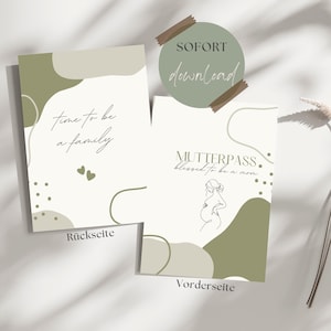 Könnte beinhalten: Zwei Karten mit minimalistischem Design. Eine Karte liest "time to be a family" mit zwei kleinen Herzen. Die andere Karte sagt "MUTTERPASS blessed to be a mom" mit einer Strichzeichnung einer schwangeren Person. Ein grüner Kreis mit "SOFORT download" ist oben angebracht.