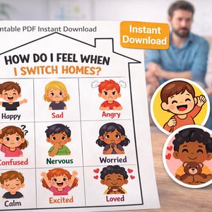 Kids Feelings Chart Printable | Emotions Check-In, Co-Parenting (Digital Download)