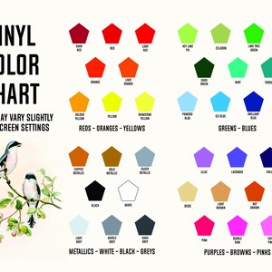 Puede incluir: Una carta de colores para vinilo con una variedad de colores en forma de pent&aacute;gonos. Los colores est&aacute;n organizados en categor&iacute;as: rojos, naranjas, amarillos, verdes, azules, morados, marrones y rosas. La carta tambi&eacute;n incluye colores met&aacute;licos, blanco, negro y gris. El texto "VINYL COLOR CHART" est&aacute; en la parte superior de la carta. El texto "COLORS MAY VARY SLIGHTLY DUE TO SCREEN SETTINGS" est&aacute; debajo de la carta.