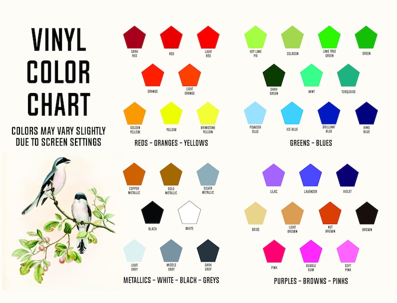 Puede incluir: Una carta de colores para vinilo con una variedad de colores en forma de pent&aacute;gonos. Los colores est&aacute;n organizados en categor&iacute;as: rojos, naranjas, amarillos, verdes, azules, morados, marrones y rosas. La carta tambi&eacute;n incluye colores met&aacute;licos, blanco, negro y gris. El texto "VINYL COLOR CHART" est&aacute; en la parte superior de la carta. El texto "COLORS MAY VARY SLIGHTLY DUE TO SCREEN SETTINGS" est&aacute; debajo de la carta.