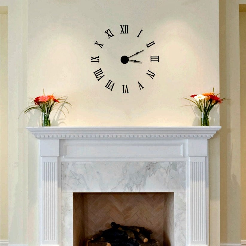 Large Wall Clock Vinyl Wall Decal Clock Extra Large Roman Etsy