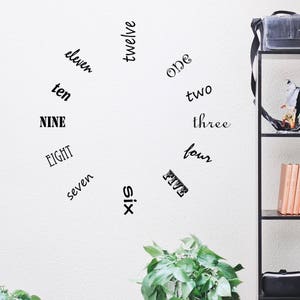 May include: Black and white wall decals with the numbers one through twelve written out in cursive. The numbers are arranged in a circle around the wall.