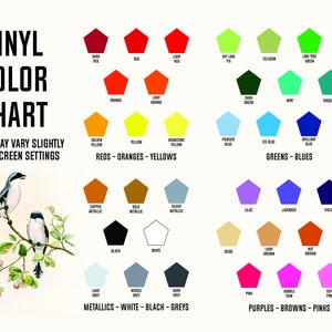 Puede incluir: Una carta de colores para vinilo con una variedad de colores en forma de pent&aacute;gonos. Los colores est&aacute;n organizados en categor&iacute;as: rojos, naranjas, amarillos, verdes, azules, morados, marrones y rosas. La carta tambi&eacute;n incluye colores met&aacute;licos, blanco, negro y gris. El texto "VINYL COLOR CHART" est&aacute; en la parte superior de la carta. El texto "COLORS MAY VARY SLIGHTLY DUE TO SCREEN SETTINGS" est&aacute; debajo de la carta.