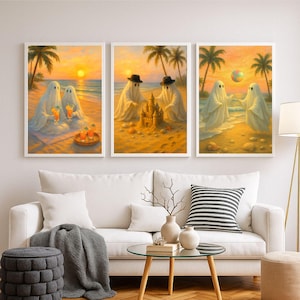 Ghostly Summerween Halloween Gallery Wall Art Set Cute Ghosts Painting Pastel Coastal Beach Party Print