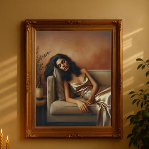 Woman Drinking Wine on Couch Print Moody Woman Painting Elegant Female Portrait Trendy Gallery Wall Luxury Aesthetic Wall Art Bar Cart Decor