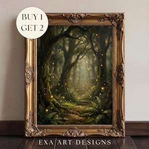 Enchanted Forest Fireflies Print | Moody Woodland Fairies Dark Cottagecore Decor, Vintage Botanical Painting Fantasy Nature Wall Art