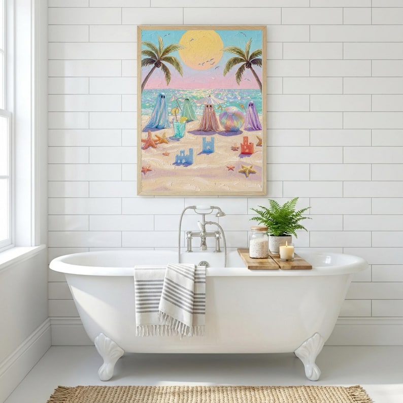 Tiny Ghosts Beach Day Wall Art displayed above a classic white clawfoot bathtub in a bright, airy bathroom featuring white brick tiles. The colorful summer scene with playful ghosts and sandcastles adds a splash of personality and whimsical humor to the clean bathroom decor. A prime example of funny bathroom wall art that creates an inviting and joyful ambiance for a relaxing soak... — shop digital art instantly.