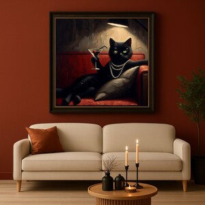 レトロで面白い黒猫のウォールアートとマティーニ。気まぐれで折衷的な雰囲気の猫のアートプリント。カクテルウォールアート。バーカートの装飾。ヴィンテージでかわいい猫のポスター。