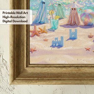 Close-up mockup of Tiny Ghosts Beach Day Wall Art showing the rich palette knife textures and canvas detail in the bottom corner of a wooden frame. The colorful beach scene with miniature sandcastles and ghosts is displayed with sharp clarity, highlighting the professional fine art quality and hand-painted artistry of this quirky coastal piece. Perfect for checking the high-resolution file quality... — see every detail and download instantly.