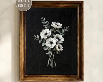 Moody Vintage Floral Print | White Anemone Flowers Oil Painting, Dark Botanical Neutral Wall Art, Rustic Cottagecore Decor, Digital Download