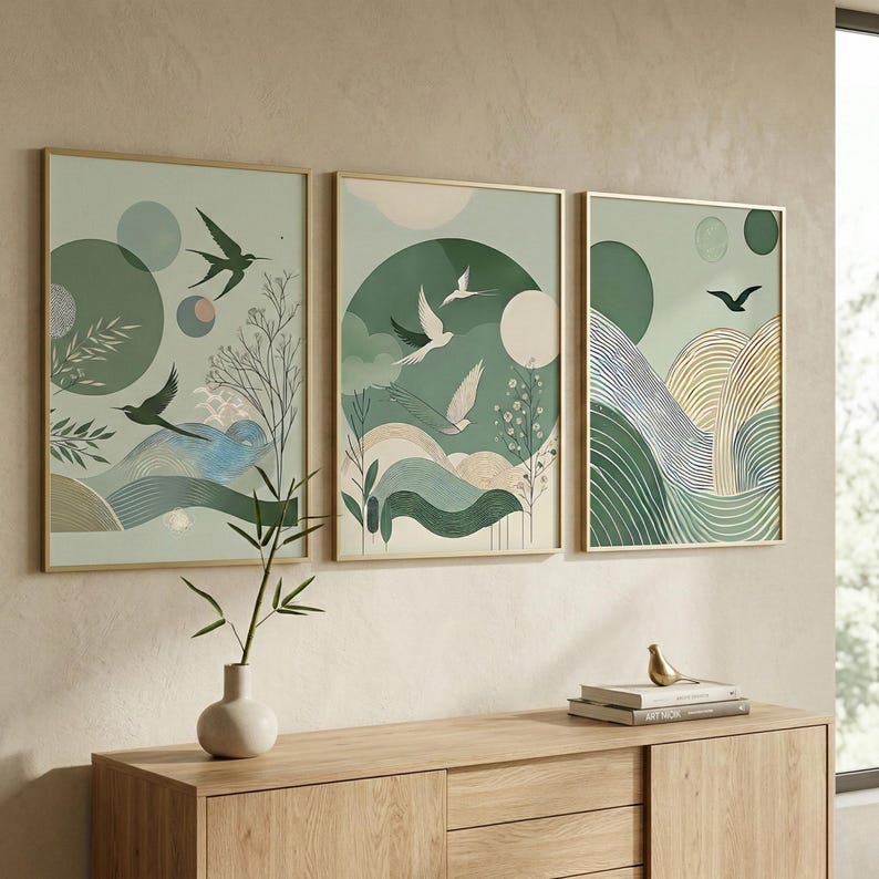 Sage Green Japandi Wall Art Set of 3 – Wabi Sabi Flying Bird Japanese ...