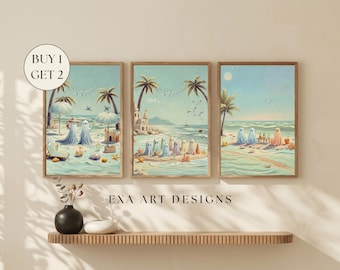 Summerween Tiny Ghosts Beach Day Art Prints, Whimsical Ghost Picnic Summer Oil Painting, Spooky Pastel Coastal Halloween Decor Printable Art