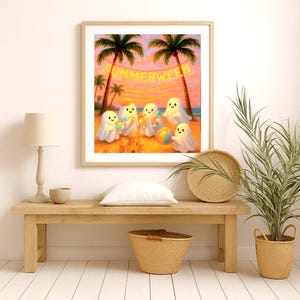 Cute Ghosts Painting Halloween Gallery Wall Art Printable Summerween Halloween Beach Party Funny Ghost Poster Pastel Coastal Beach Print