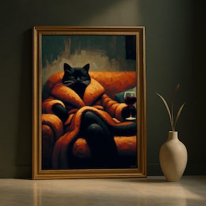 面白い黒猫の壁アート、ムーディなレトロ高級猫アートプリント、面白いかわいい猫のポスター、バーカートの装飾、気まぐれな風変わりな猫の壁アート、猫好きへのギフト