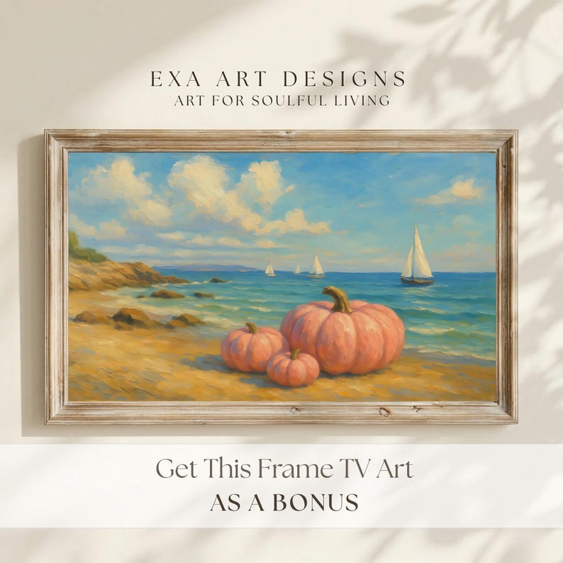Summerween Pumpkin Beach Art displayed on a horizontal Samsung Frame TV as an exclusive bonus gift included with your purchase. The scene features pastel pink pumpkins on a sunny coastal shore with sailboats and thick impasto clouds. The painterly oil texture and matte finish are optimized for high-resolution 8K UHD digital screens. This promotional mockup shows the extra value of your whimsical digital art bundle. — available with limited-time discount now.
