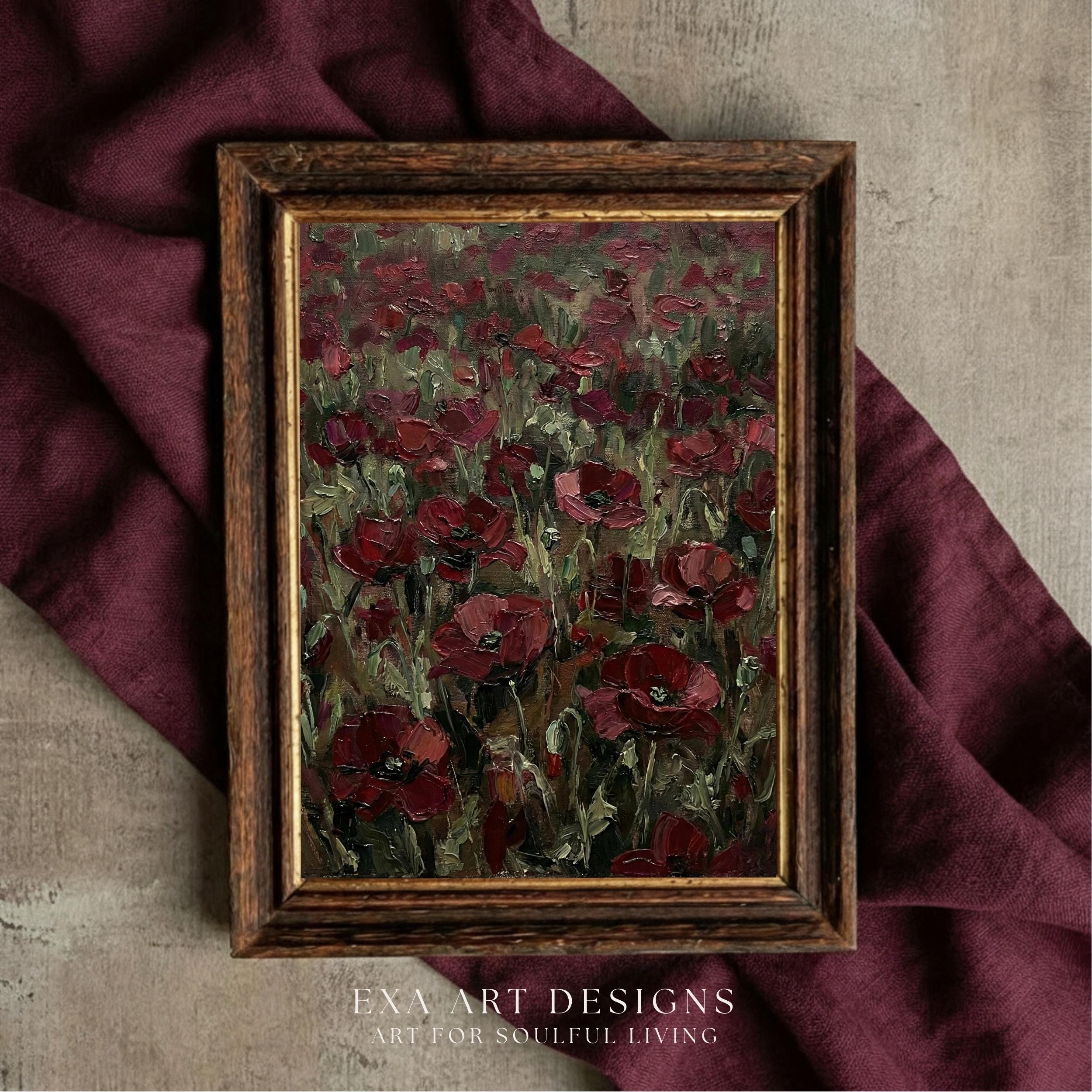 Abstract Red Poppy Moody Vintage Poppies Print | Abstract Red Poppy Flowers Oil Painting ...