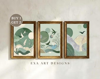 Sage Green Japandi Wall Art Set of 3 – Wabi Sabi Flying Bird Japanese Moon Prints, Abstract Landscape Printables, Minimalist Zen Decor