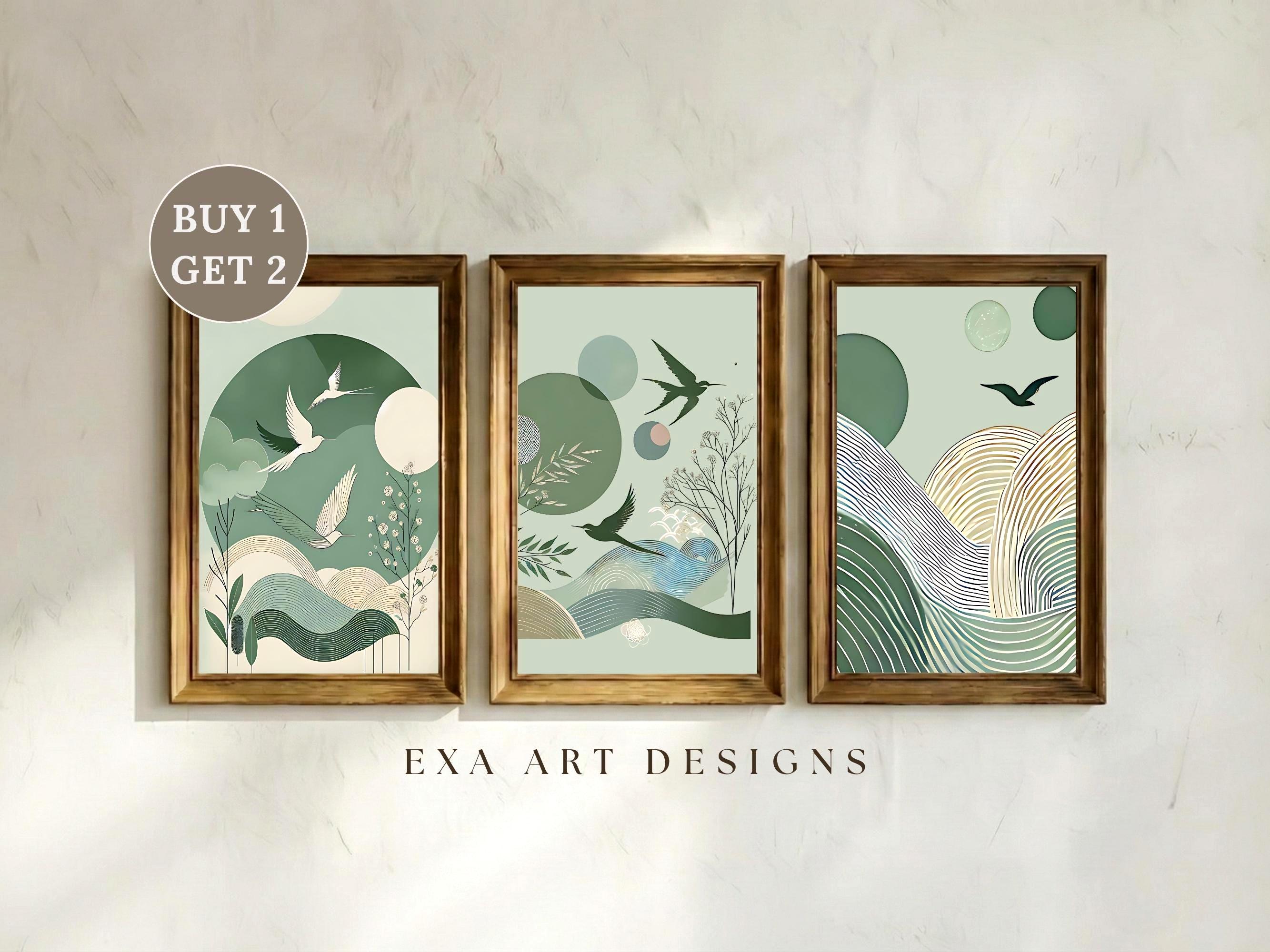 Sage Green Japandi Wall Art Set of 3 – Wabi Sabi Flying Bird Japanese ...