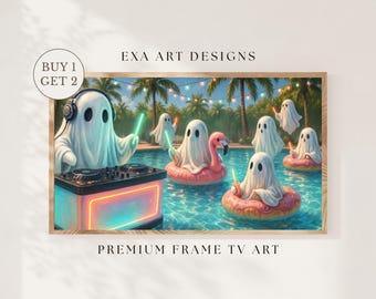 Summerween Halloween Cute Ghost Frame TV Art –  Whimsical Ghosts Painting Neon Halloween DJ Pool Party Decor for Samsung Frame TV Download