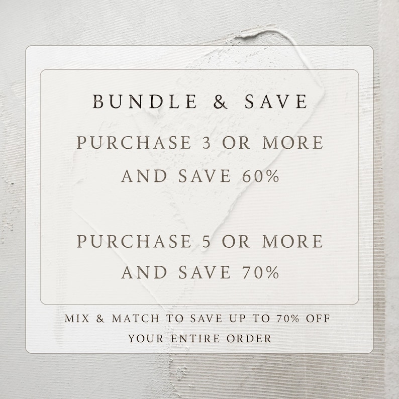Promotional campaign banner for a Bundle and Save offer on all digital art items including printable wall art and Frame TV art collections. The graphic clearly displays the tiered discount levels of 60 percent off for 3 or more items and 70 percent off for 5 or more items. An urgency-driven marketing asset that encourages customers to mix and match designs to save on their entire order. Perfect for increasing average order value with instant downloads.